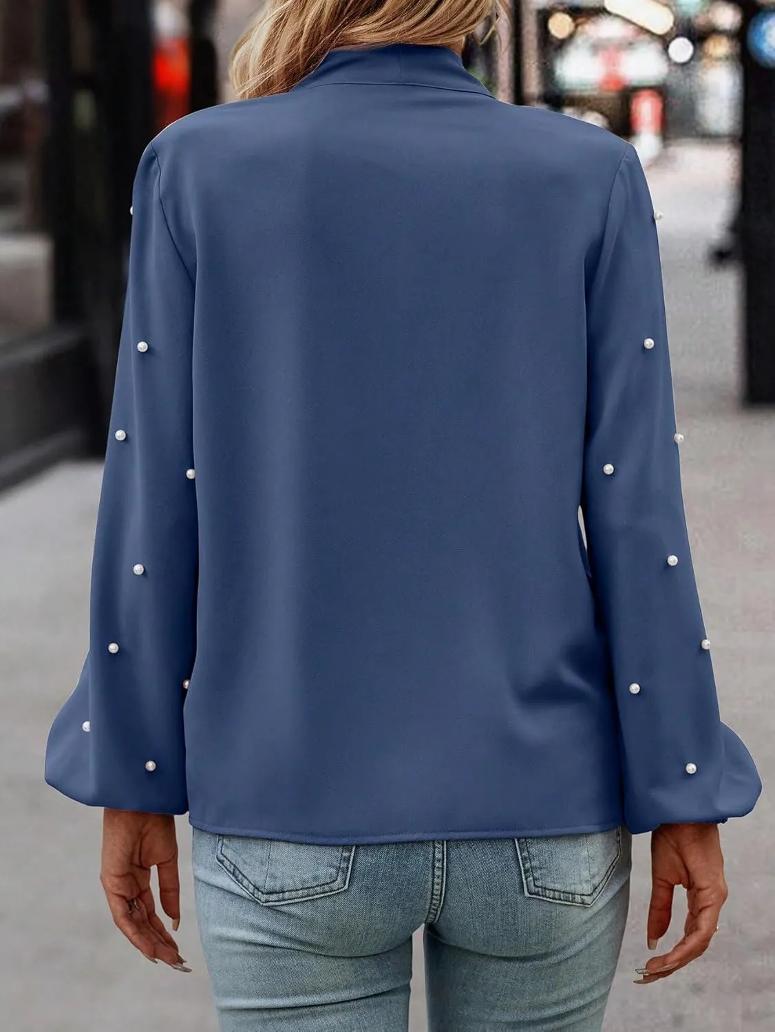 SweatyRocks Women's Pearls Bow Tie Mock Neck Long Sleeve Shirts Casual Loose Fit Blouse Top