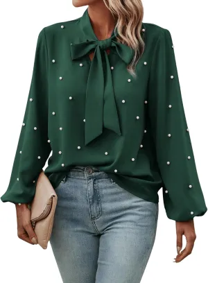 SweatyRocks Women's Pearls Bow Tie Mock Neck Long Sleeve Shirts Casual Loose Fit Blouse Top