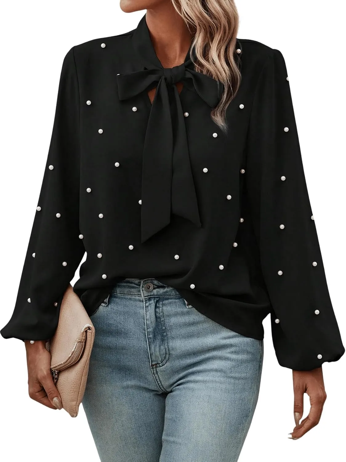 SweatyRocks Women's Pearls Bow Tie Mock Neck Long Sleeve Shirts Casual Loose Fit Blouse Top