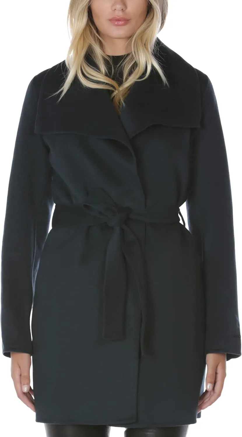 TAHARI Women's Lightweight Wool Wrap Coat with Tie Belt
