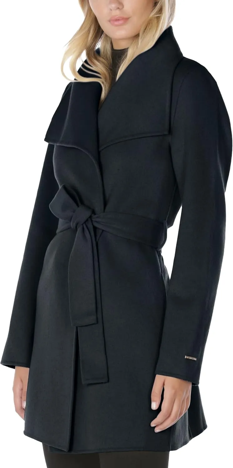TAHARI Women's Lightweight Wool Wrap Coat with Tie Belt