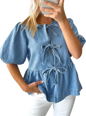 Tankaneo Womens Denim Tie Front Tops Babydoll Peplum Puff Sleeve Jean Shirts Crew Neck Summer Casual Bow Blouses