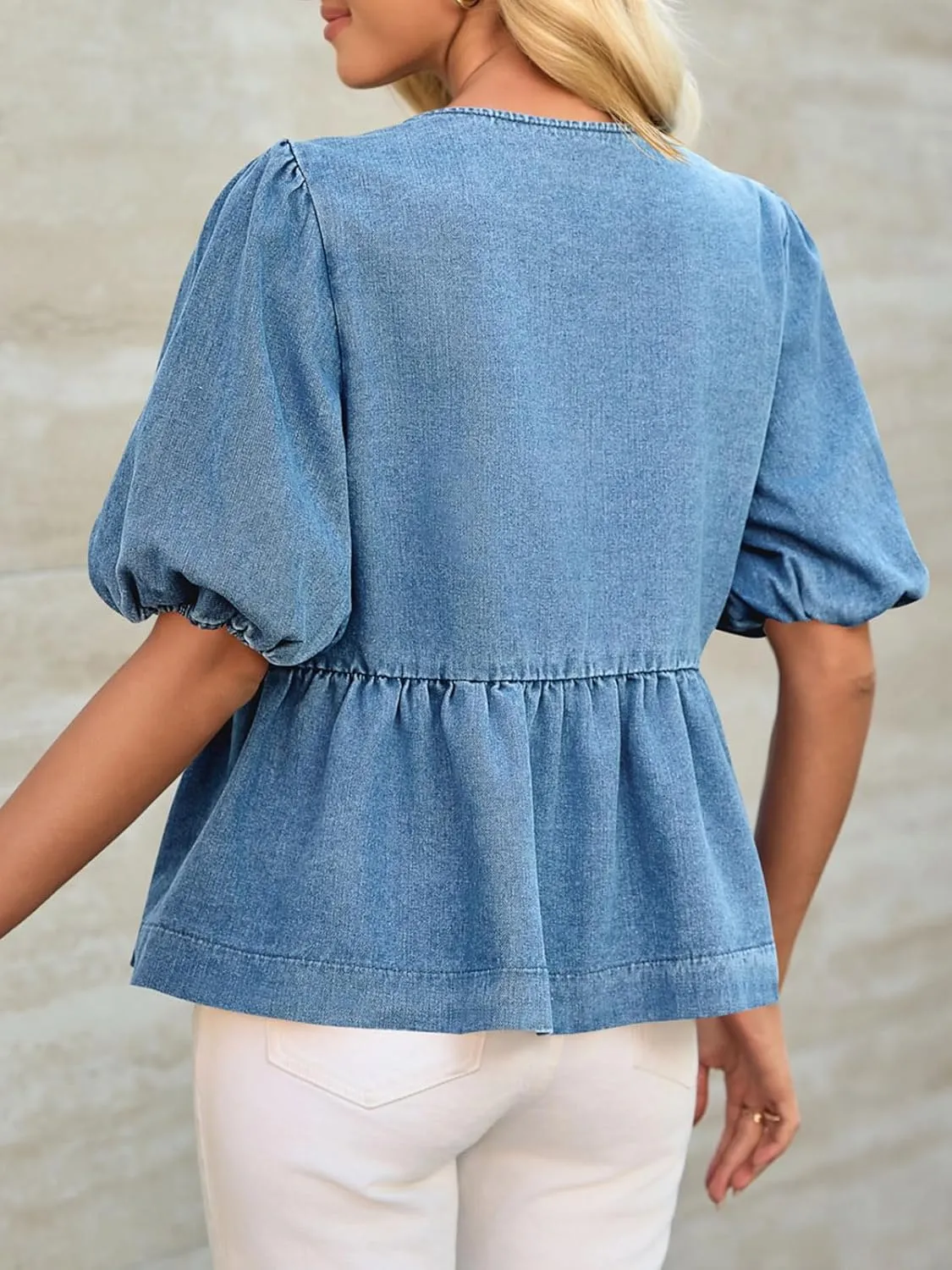 Tankaneo Womens Denim Tie Front Tops Babydoll Peplum Puff Sleeve Jean Shirts Crew Neck Summer Casual Bow Blouses