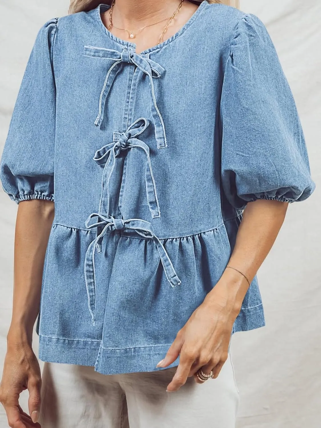 Tankaneo Womens Denim Tie Front Tops Babydoll Peplum Puff Sleeve Jean Shirts Crew Neck Summer Casual Bow Blouses