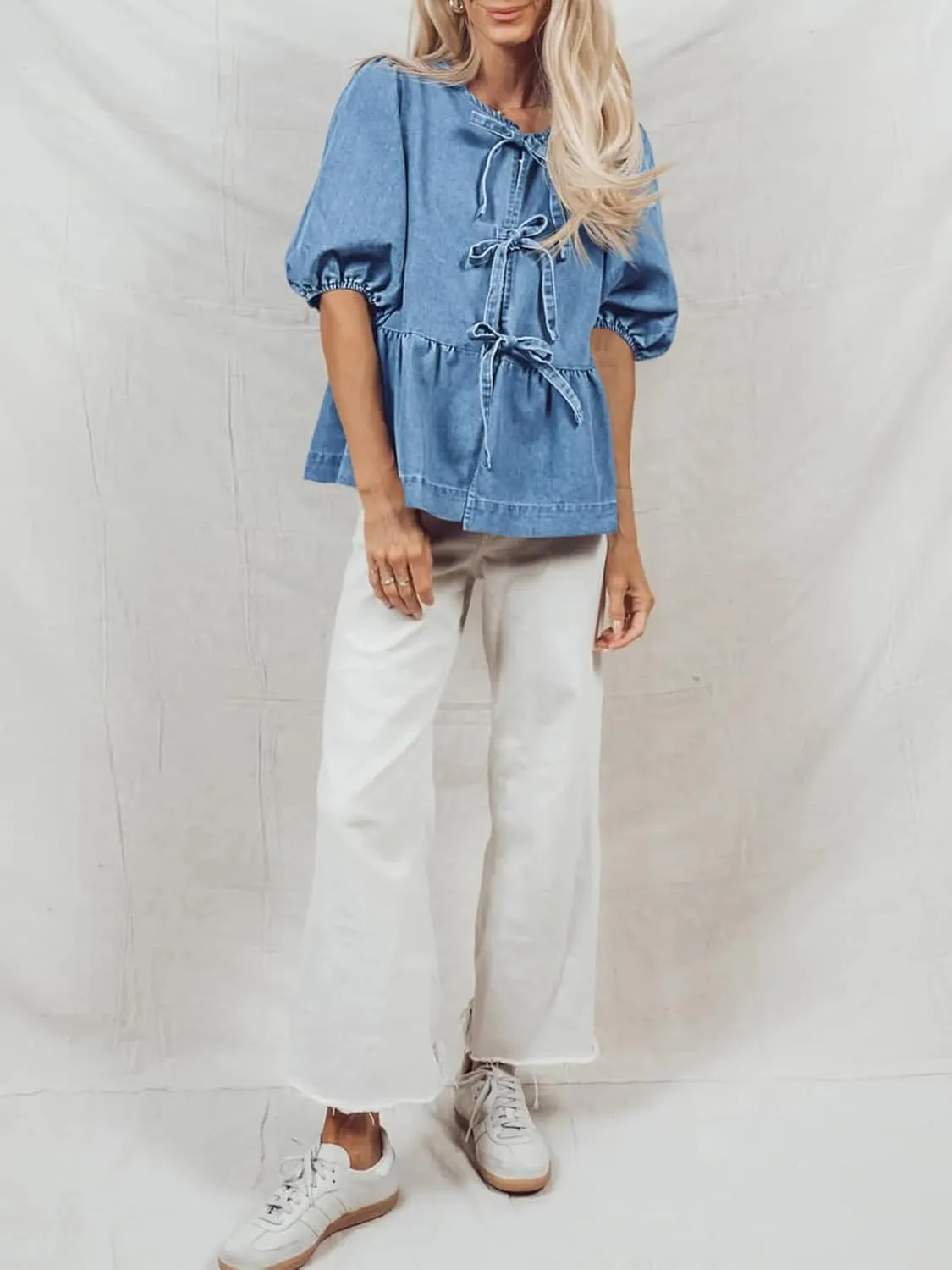 Tankaneo Womens Denim Tie Front Tops Babydoll Peplum Puff Sleeve Jean Shirts Crew Neck Summer Casual Bow Blouses