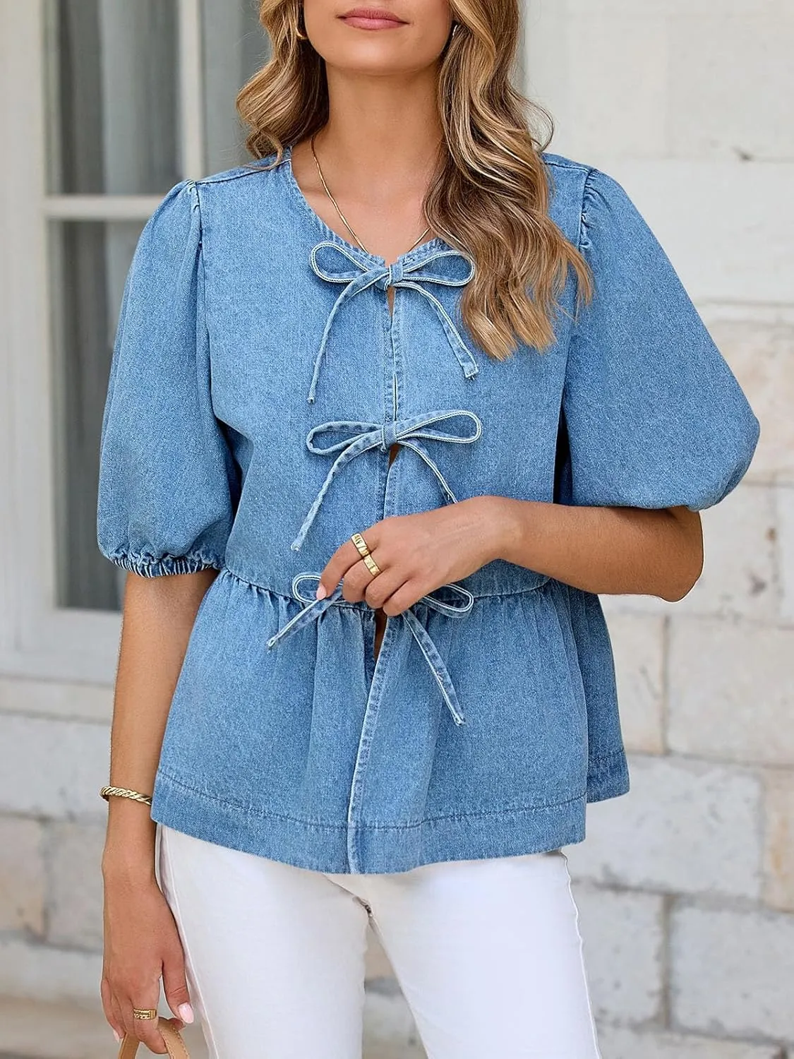 Tankaneo Womens Denim Tie Front Tops Babydoll Peplum Puff Sleeve Jean Shirts Crew Neck Summer Casual Bow Blouses