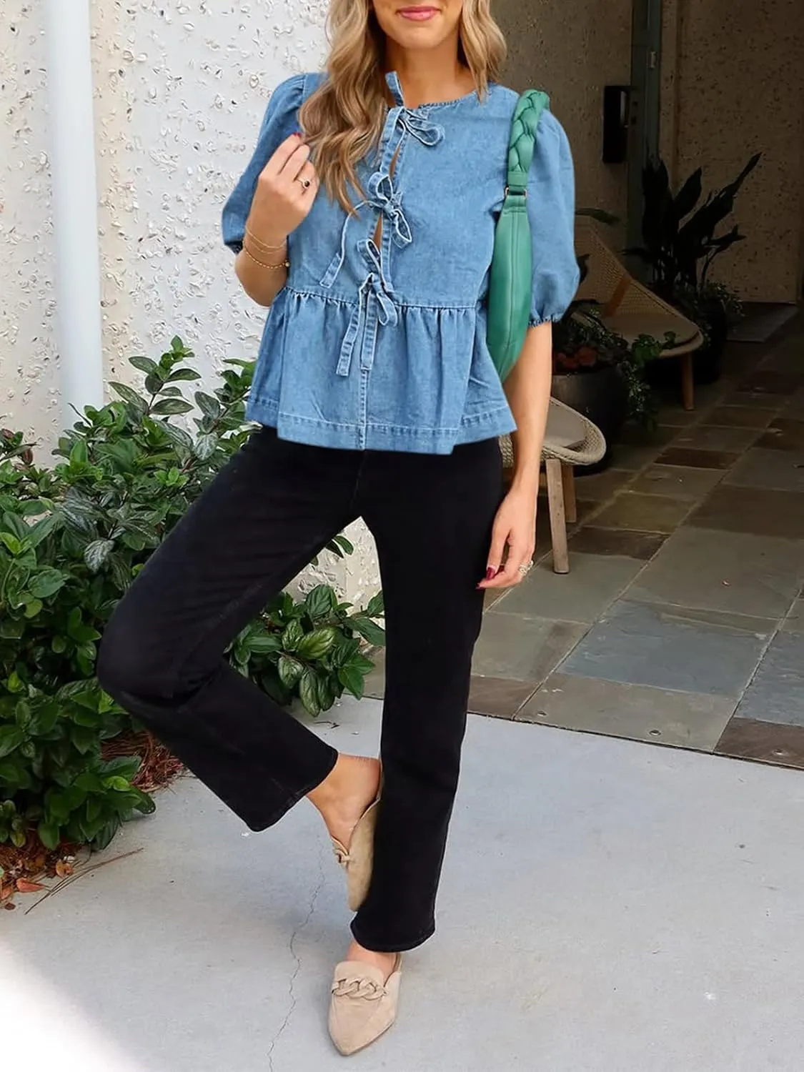 Tankaneo Womens Denim Tie Front Tops Babydoll Peplum Puff Sleeve Jean Shirts Crew Neck Summer Casual Bow Blouses