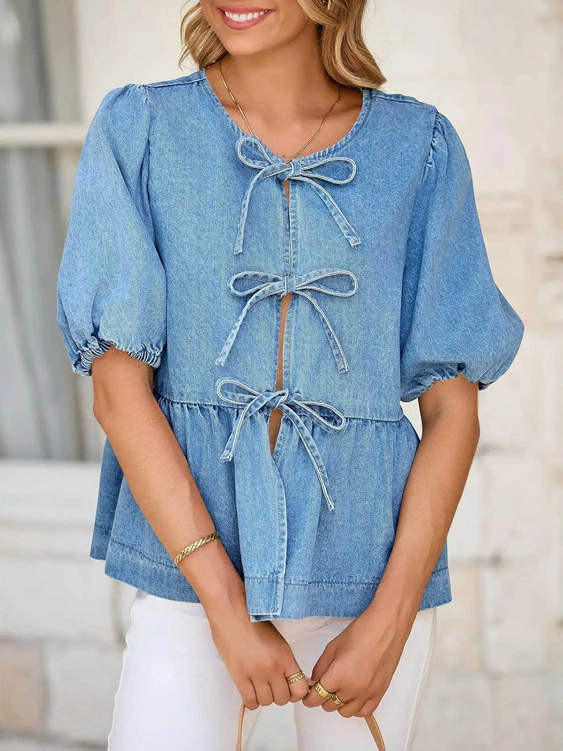 Tankaneo Womens Denim Tie Front Tops Babydoll Peplum Puff Sleeve Jean Shirts Crew Neck Summer Casual Bow Blouses