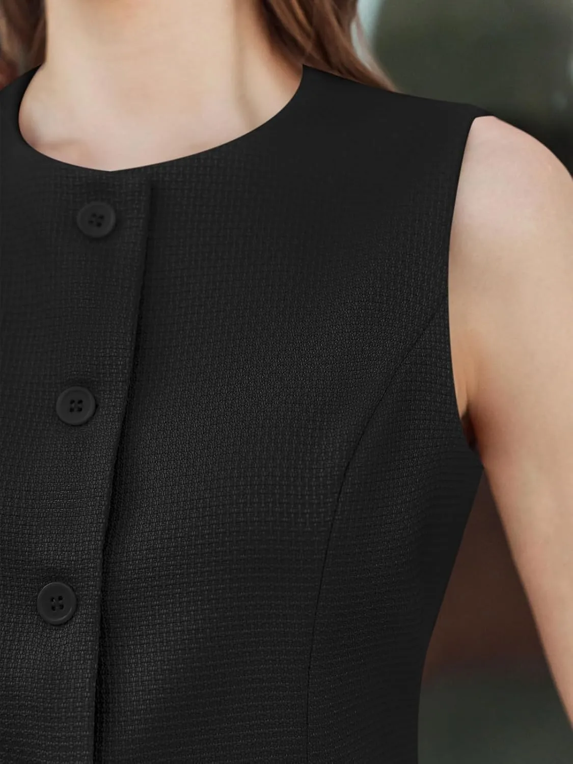 Tankaneo Womens Tweed Sleeveless Vest Crew Neck Button Down Fitted Blazer Vest Tops Work Casual Waistcoat