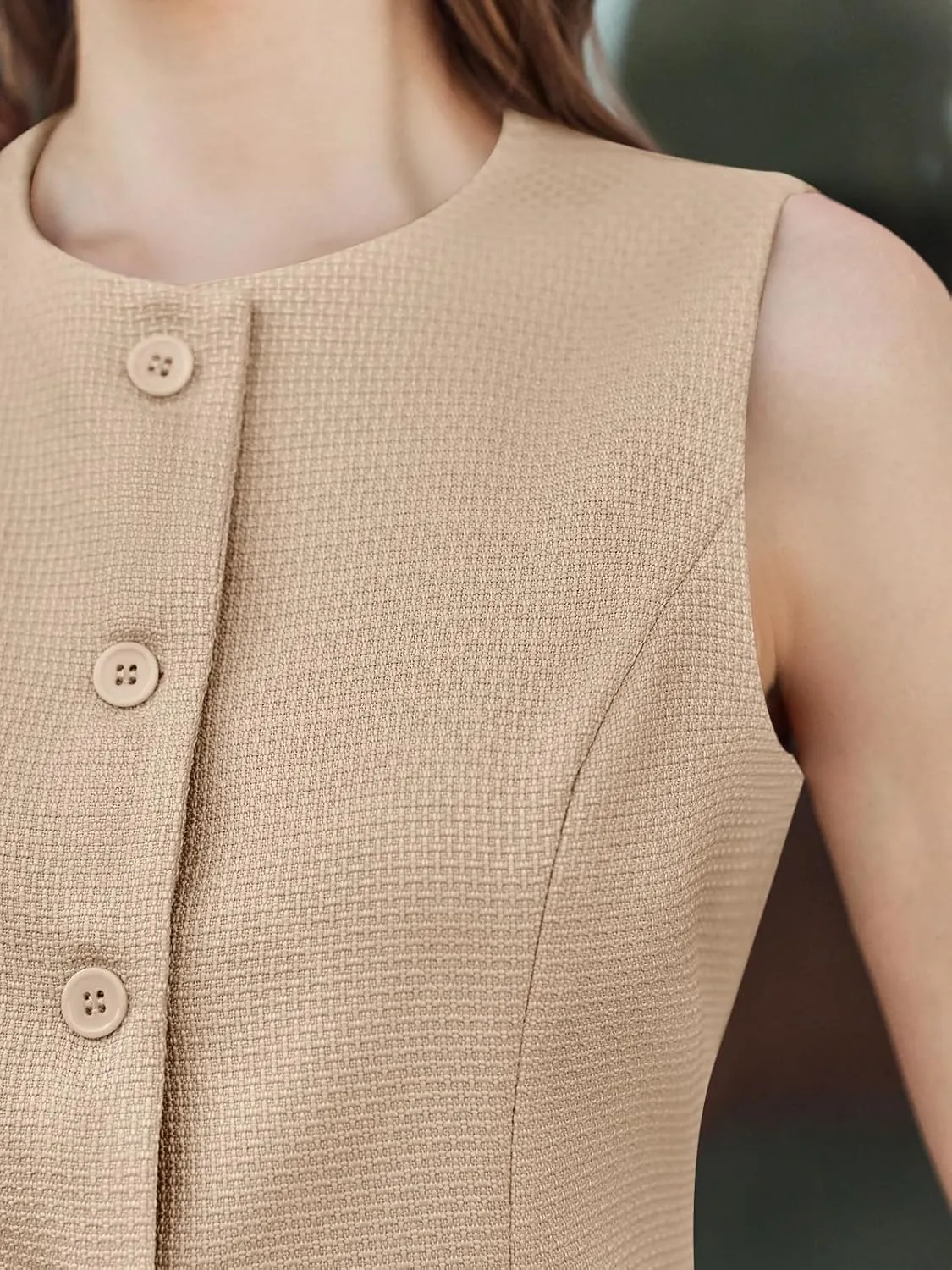 Tankaneo Womens Tweed Sleeveless Vest Crew Neck Button Down Fitted Blazer Vest Tops Work Casual Waistcoat