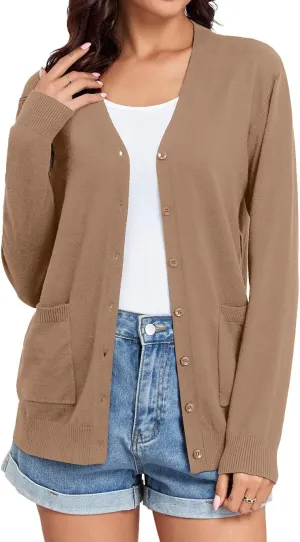 TASAMO Women's Lightweight Button Down Cardigan Sweaters Long Sleeve Classic V Neck Knit Soft Shrugs with Pocket