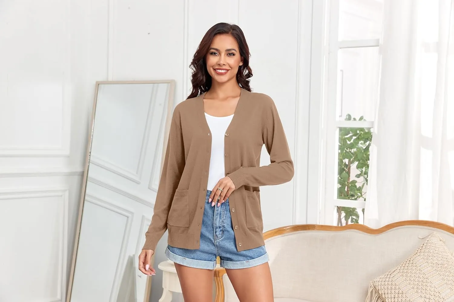 TASAMO Women's Lightweight Button Down Cardigan Sweaters Long Sleeve Classic V Neck Knit Soft Shrugs with Pocket