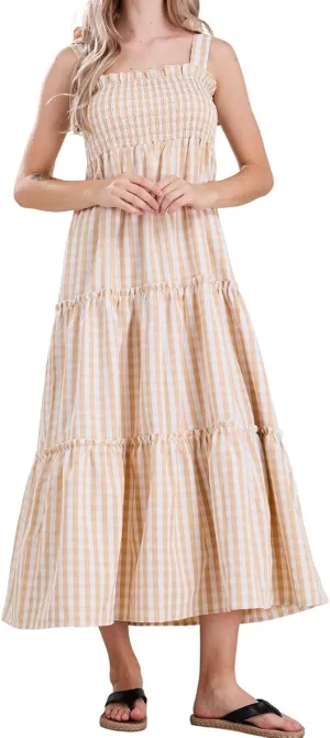 utcoco Women's 2025 Summer Boho Plaid Smocked Dress Spaghetti Strap Square Neck A Line Tiered Long Maxi Dress
