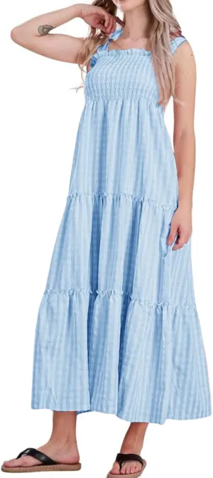 utcoco Women's 2025 Summer Boho Plaid Smocked Dress Spaghetti Strap Square Neck A Line Tiered Long Maxi Dress