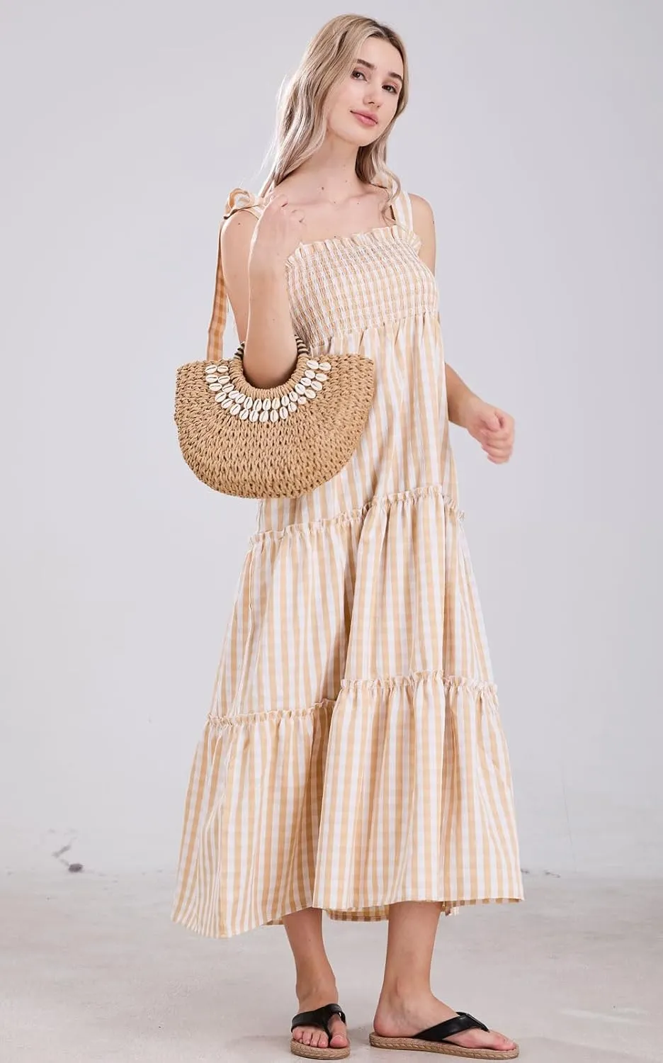 utcoco Women's 2025 Summer Boho Plaid Smocked Dress Spaghetti Strap Square Neck A Line Tiered Long Maxi Dress