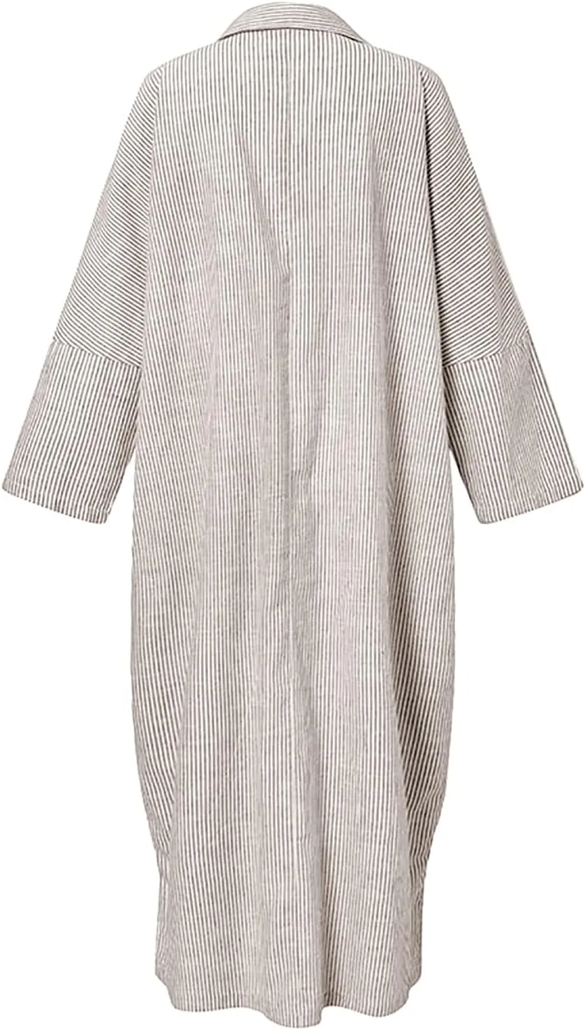 utcoco Womens Striped Long Sleeve Dress Casual Loose Button Down Cotton Maxi Shirt Dress