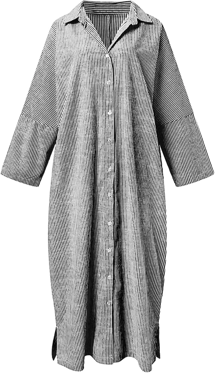 utcoco Womens Striped Long Sleeve Dress Casual Loose Button Down Cotton Maxi Shirt Dress