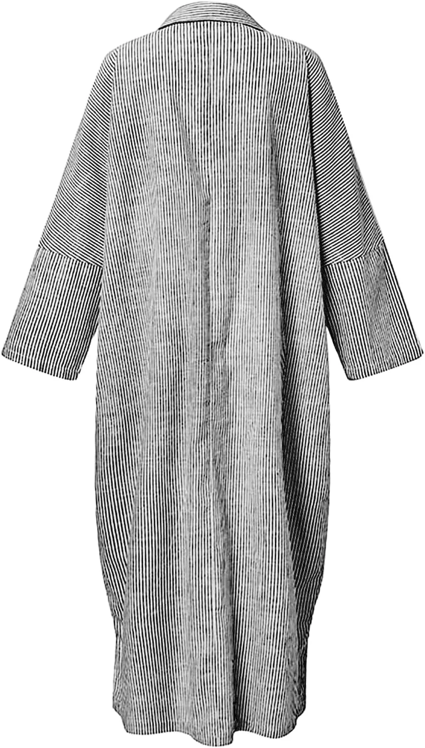 utcoco Womens Striped Long Sleeve Dress Casual Loose Button Down Cotton Maxi Shirt Dress