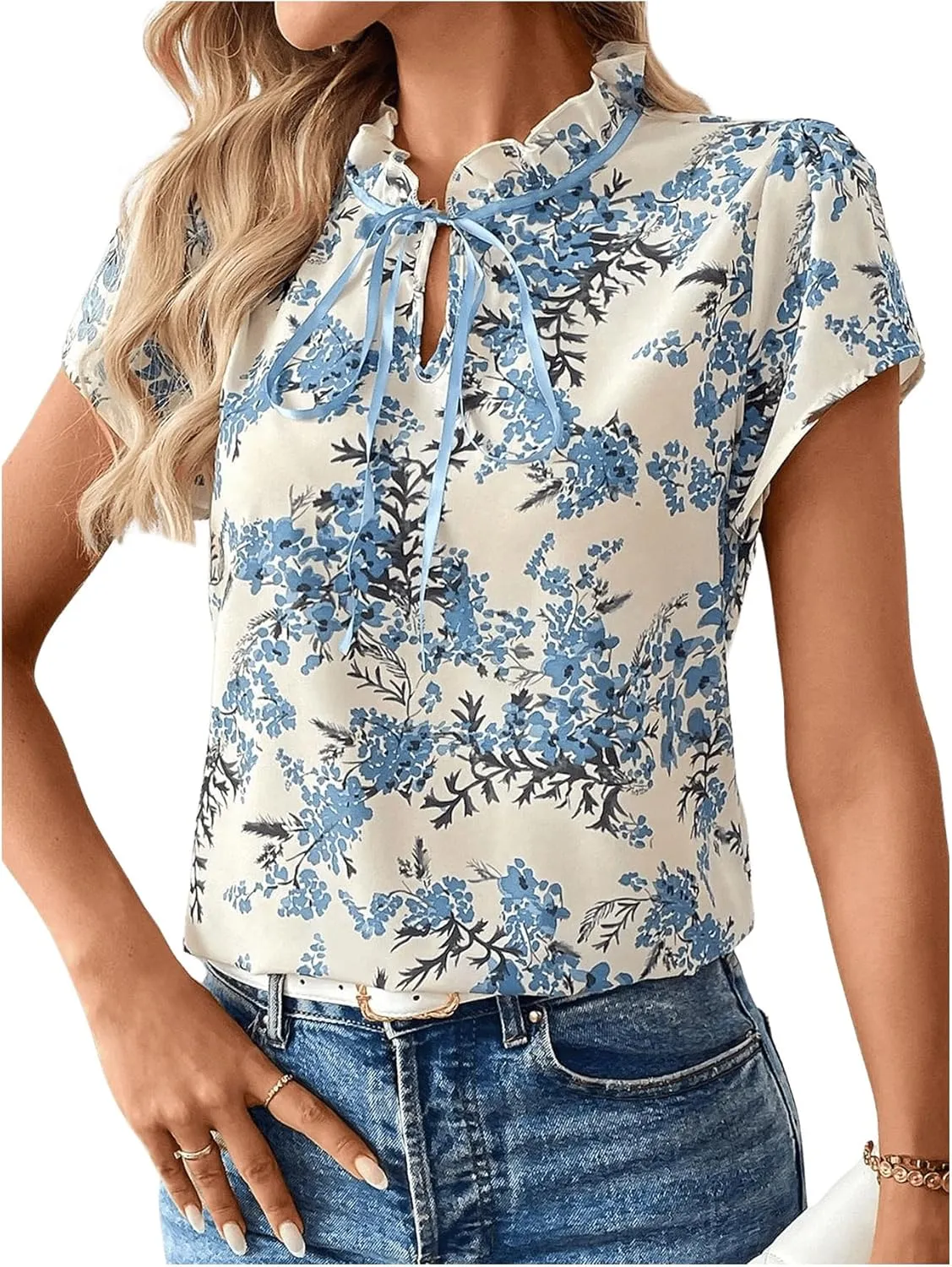 Verdusa Women's Boho Floral Bow Tie Neck Blouse Short Sleeve Ruffle Summer Tops