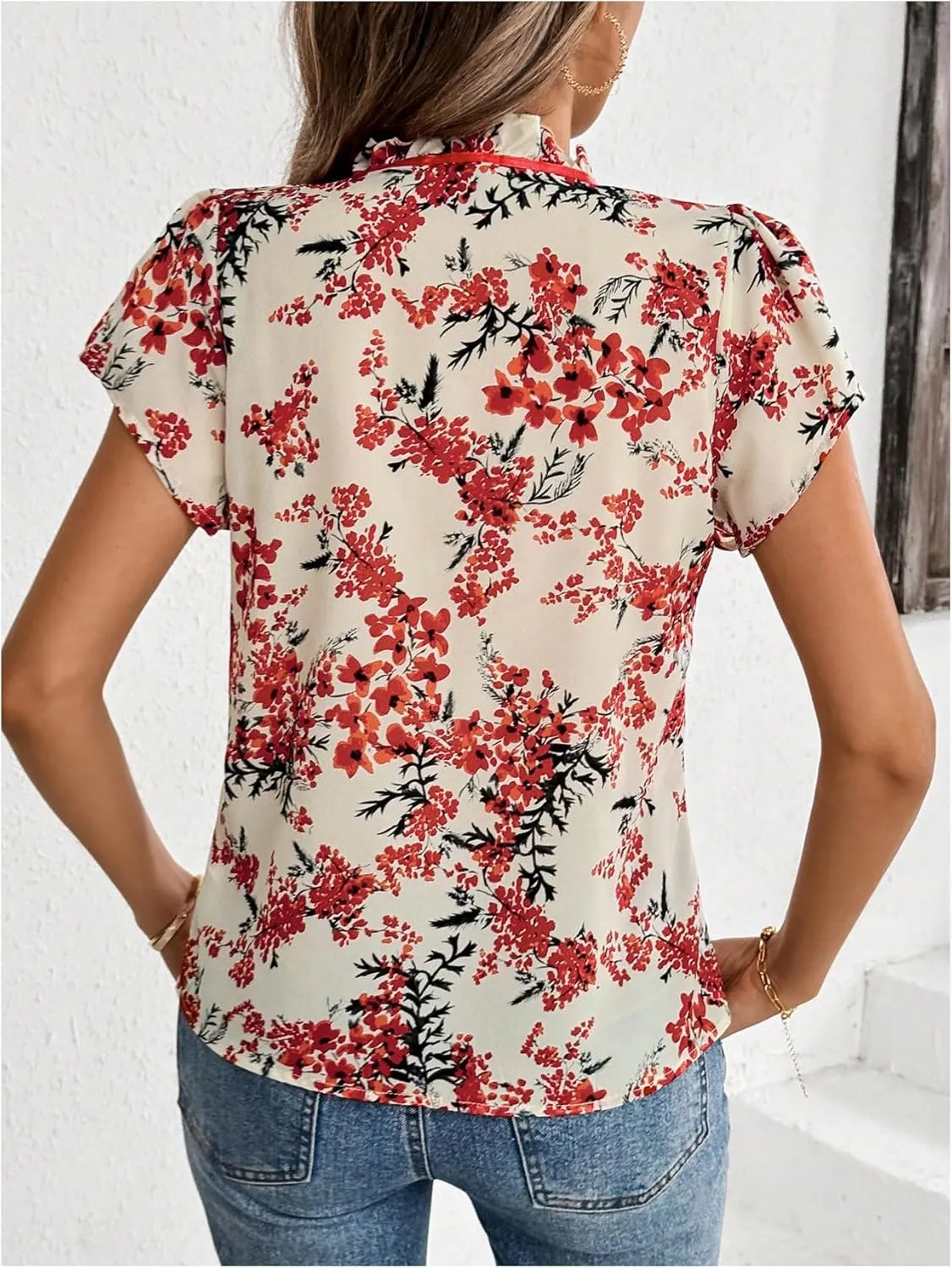 Verdusa Women's Boho Floral Bow Tie Neck Blouse Short Sleeve Ruffle Summer Tops