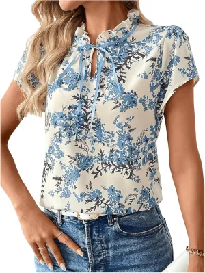Verdusa Women's Boho Floral Bow Tie Neck Blouse Short Sleeve Ruffle Summer Tops