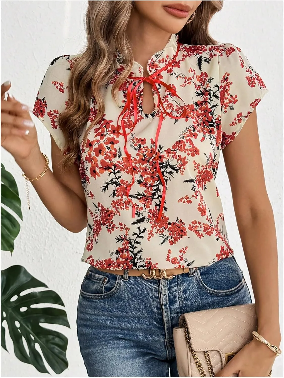 Verdusa Women's Boho Floral Bow Tie Neck Blouse Short Sleeve Ruffle Summer Tops