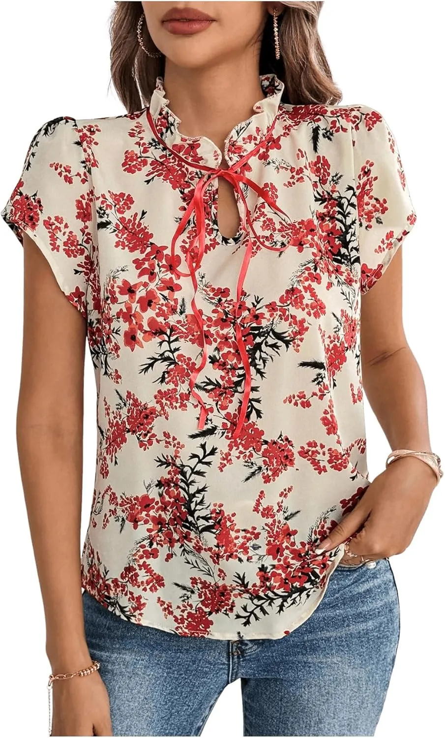 Verdusa Women's Boho Floral Bow Tie Neck Blouse Short Sleeve Ruffle Summer Tops