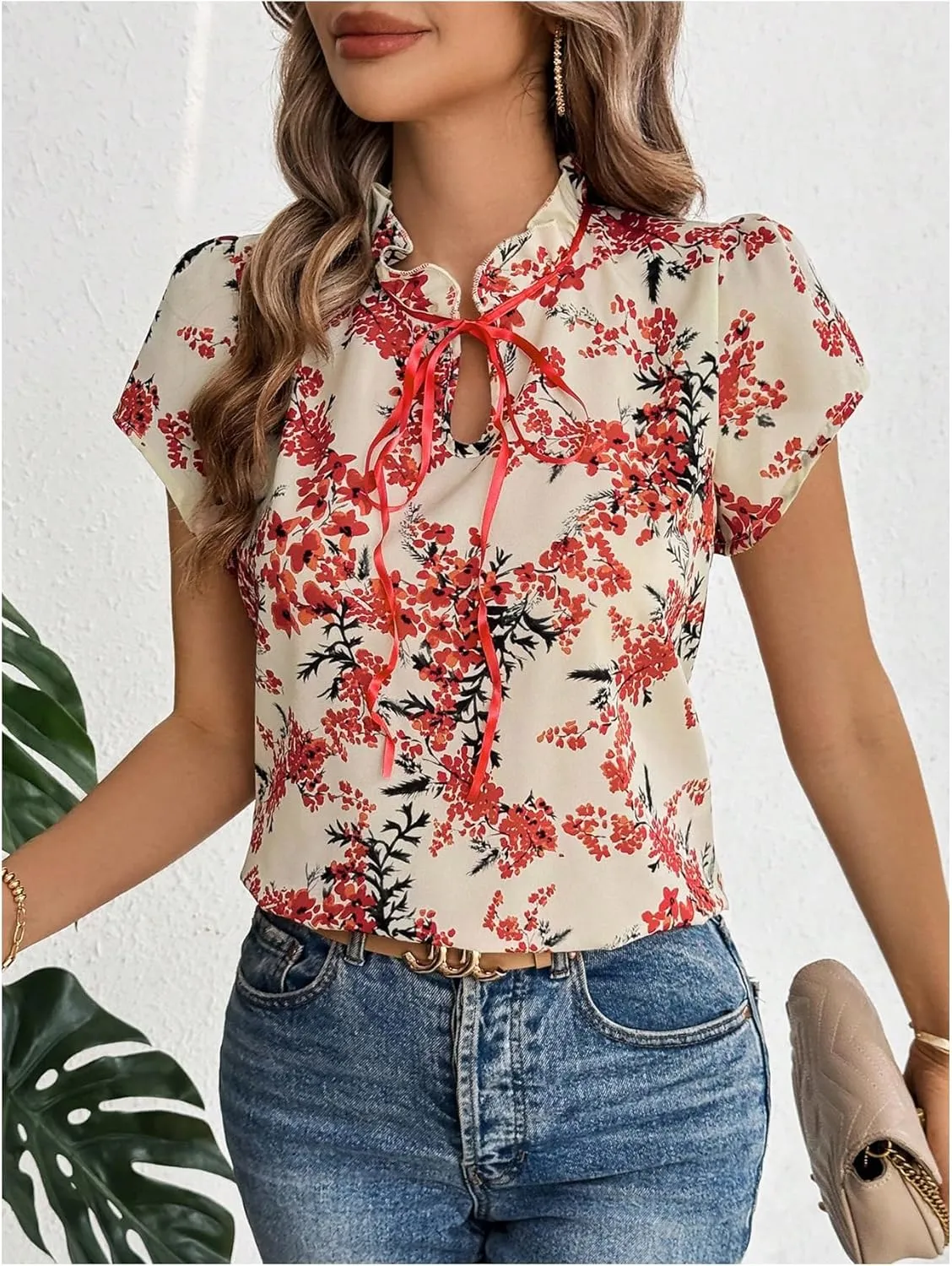 Verdusa Women's Boho Floral Bow Tie Neck Blouse Short Sleeve Ruffle Summer Tops