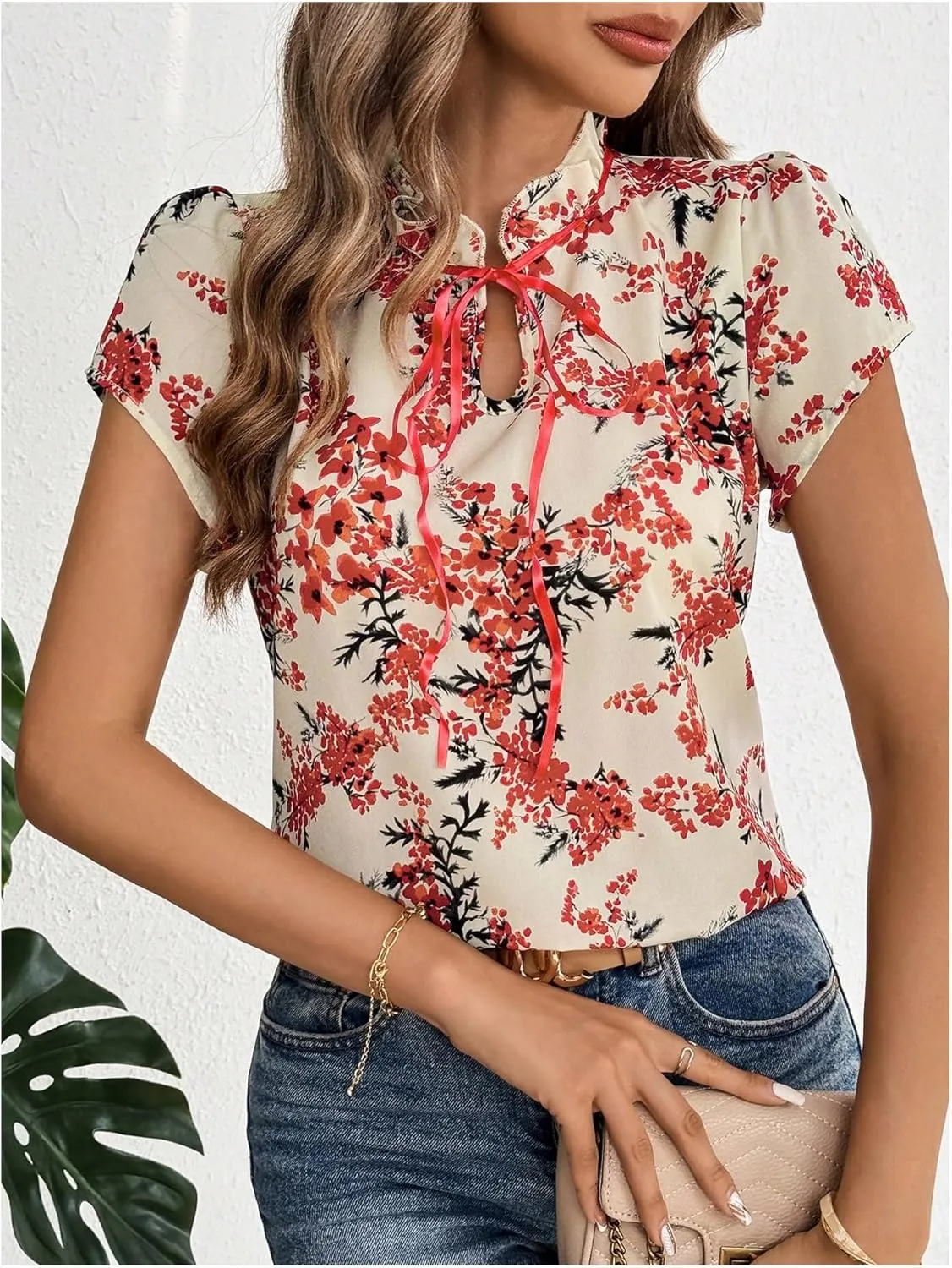 Verdusa Women's Boho Floral Bow Tie Neck Blouse Short Sleeve Ruffle Summer Tops