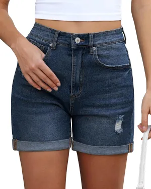 Vetinee Jean Shorts for Women Trendy High Waisted Distressed Ripped Stretchy Denim Shorts Fold Hem Summer Casual Jorts