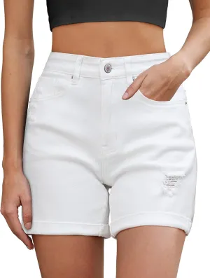 Vetinee Jean Shorts for Women Trendy High Waisted Distressed Ripped Stretchy Denim Shorts Fold Hem Summer Casual Jorts
