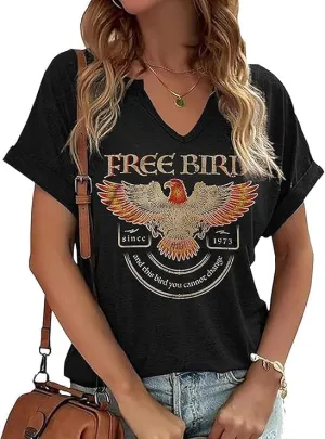 Vintage Rock Band T-Shirt Woman Retro Bird Shirt Eagle Graphic Tees Retro Music Shirt Casual Short Sleeve Tops