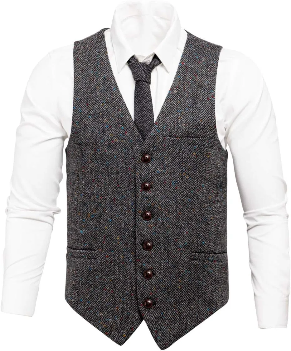 VOBOOM Men's Slim Fit Herringbone Tweed Suits Vest Premium Wool Blend Waistcoat