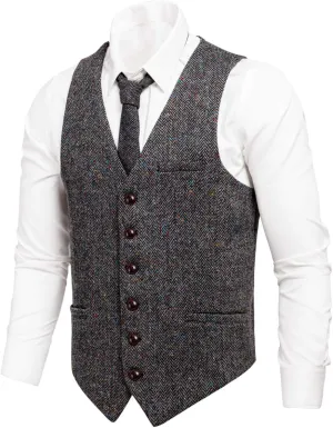 VOBOOM Men's Slim Fit Herringbone Tweed Suits Vest Premium Wool Blend Waistcoat