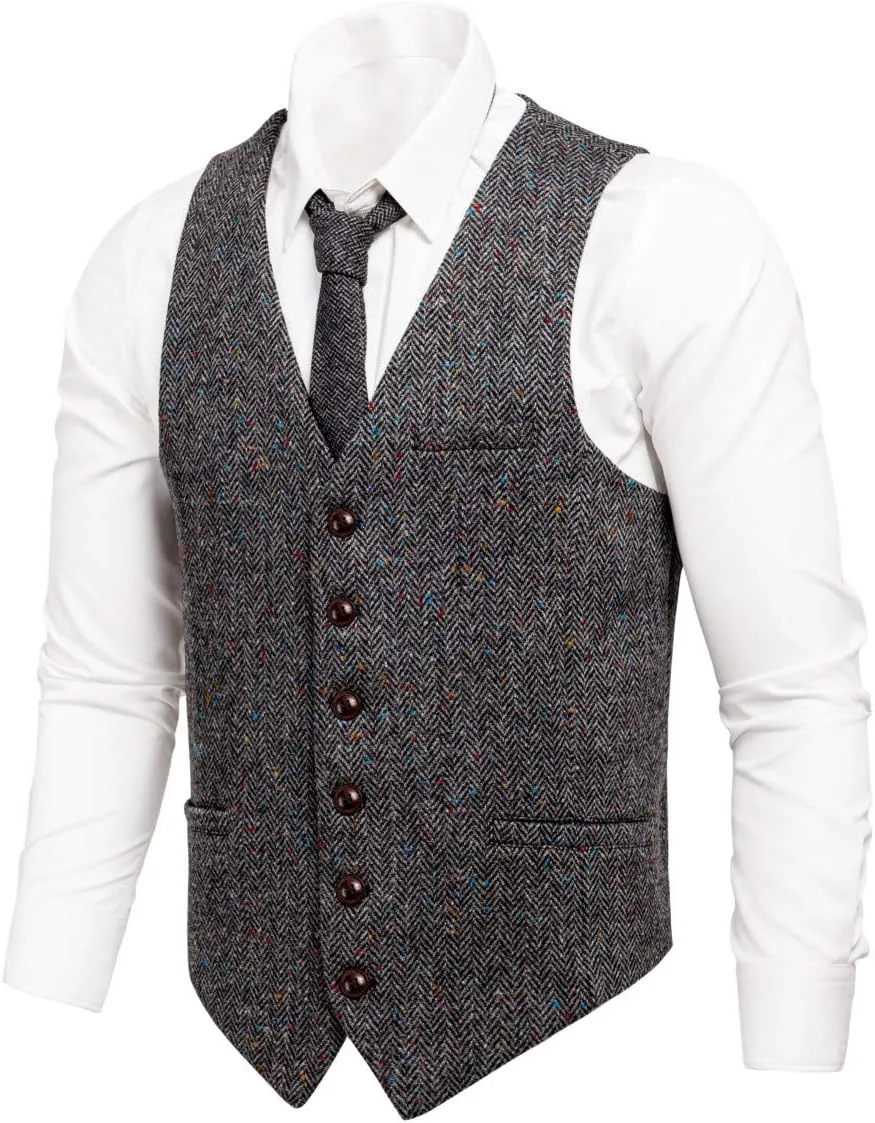 VOBOOM Men's Slim Fit Herringbone Tweed Suits Vest Premium Wool Blend Waistcoat