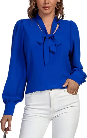 Vrtige Women's Elegant Bow Tie Neck Long Sleeve Blouse Office Top Shirt