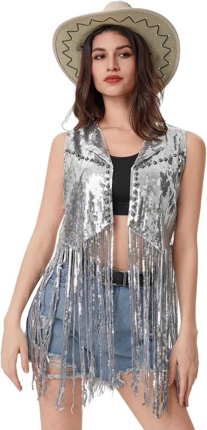 Women Fringe Sequin Waistcoat - Tassel Jacket 70s Hippie Sparkly Cardigan Rivet Sleeveless Open Front Vest