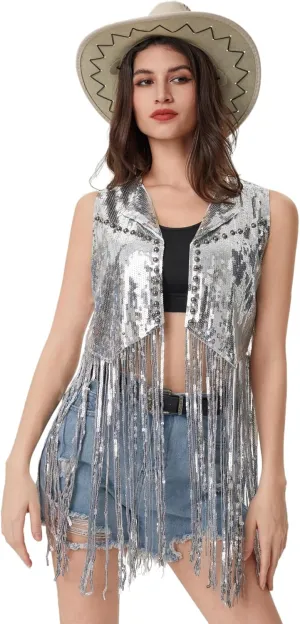 Women Fringe Sequin Waistcoat - Tassel Jacket 70s Hippie Sparkly Cardigan Rivet Sleeveless Open Front Vest