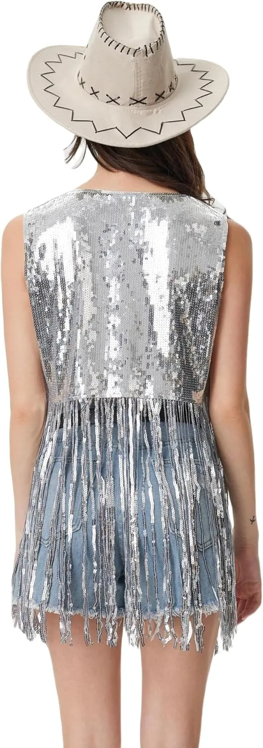 Women Fringe Sequin Waistcoat - Tassel Jacket 70s Hippie Sparkly Cardigan Rivet Sleeveless Open Front Vest