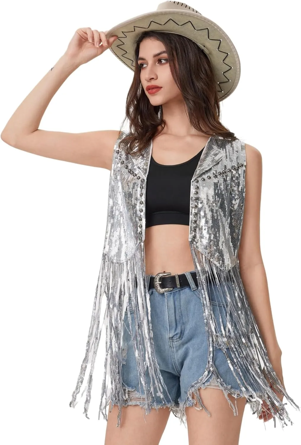 Women Fringe Sequin Waistcoat - Tassel Jacket 70s Hippie Sparkly Cardigan Rivet Sleeveless Open Front Vest