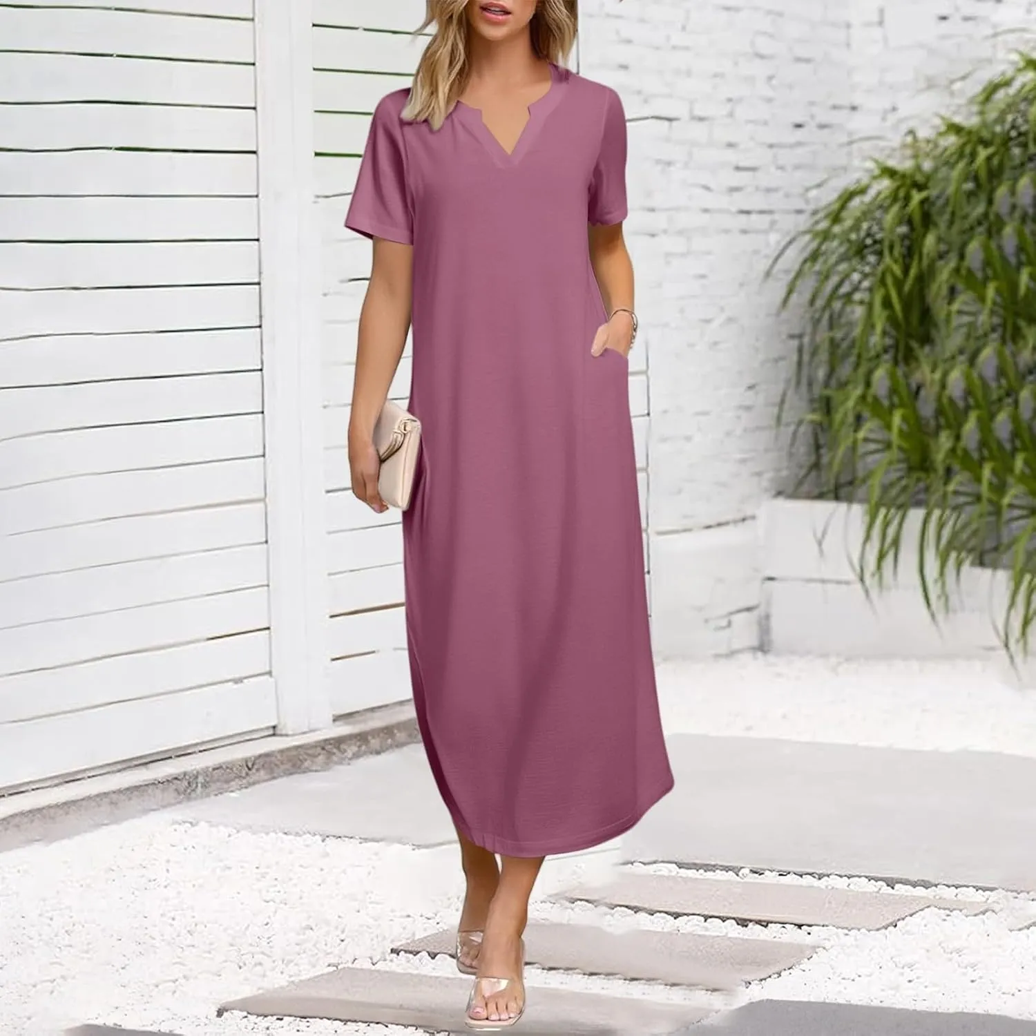 Women Long Maxi Dress Short Sleeve Split Long Tshirt Dress Casual Summer Loose V Neck Sundress with Pockets