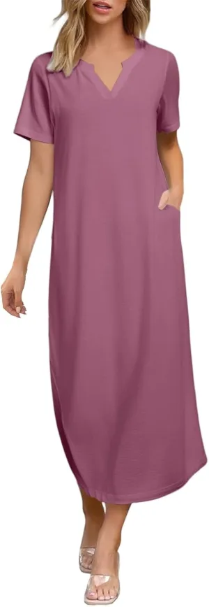 Women Long Maxi Dress Short Sleeve Split Long Tshirt Dress Casual Summer Loose V Neck Sundress with Pockets