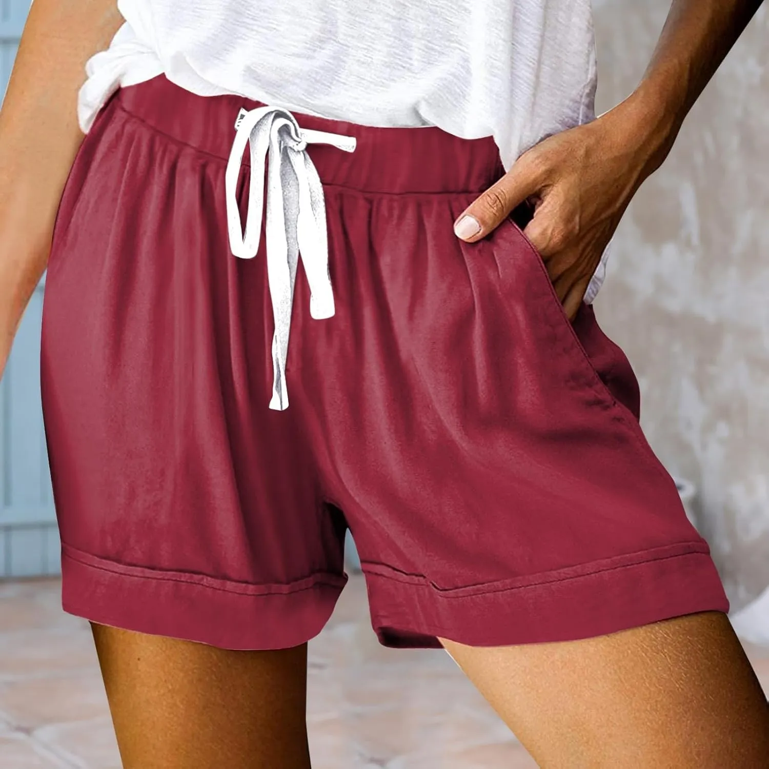 Women Summer Casual Shorts Drawstring High Waisted Pull On Shorts Beach Lightweight Short Pant Fashion Vacation Outfit