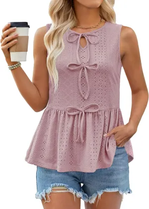 Women Summer Eyelet Peplum Sleeveless Tank Tops Crew Neck Y2K Babydoll Blouse Cute Bow Tie Front Flowy Shirts