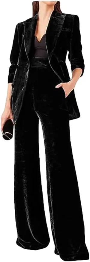Women's 2 Piece Velvet Suit Office Work Suit Notch Lapel Double Breasted Blazer Pants Business Suits Set for Women