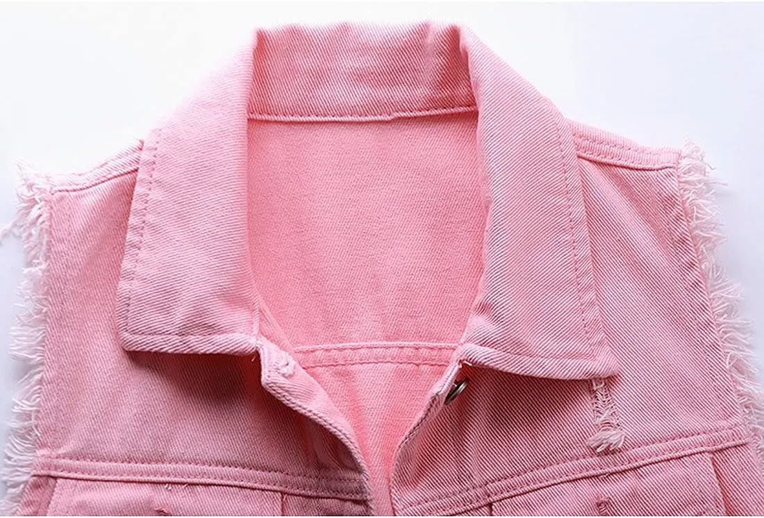 Women's Casual Denim Waistcoat Slim Fit Frayed Sleeveless Jacket Ripped Tops with Pockets