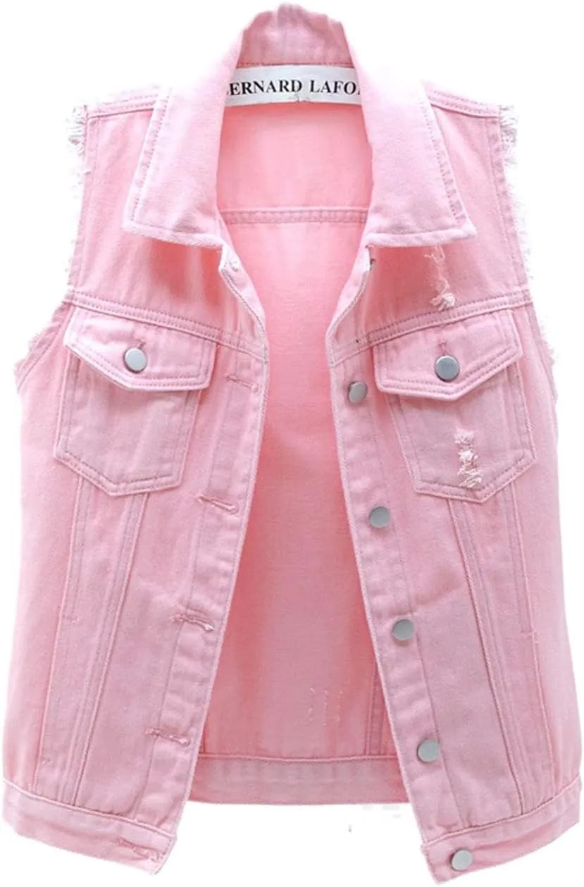 Women's Casual Denim Waistcoat Slim Fit Frayed Sleeveless Jacket Ripped Tops with Pockets