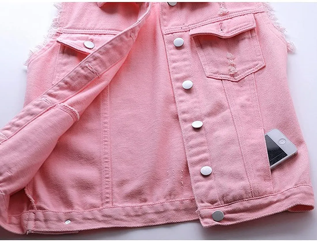 Women's Casual Denim Waistcoat Slim Fit Frayed Sleeveless Jacket Ripped Tops with Pockets