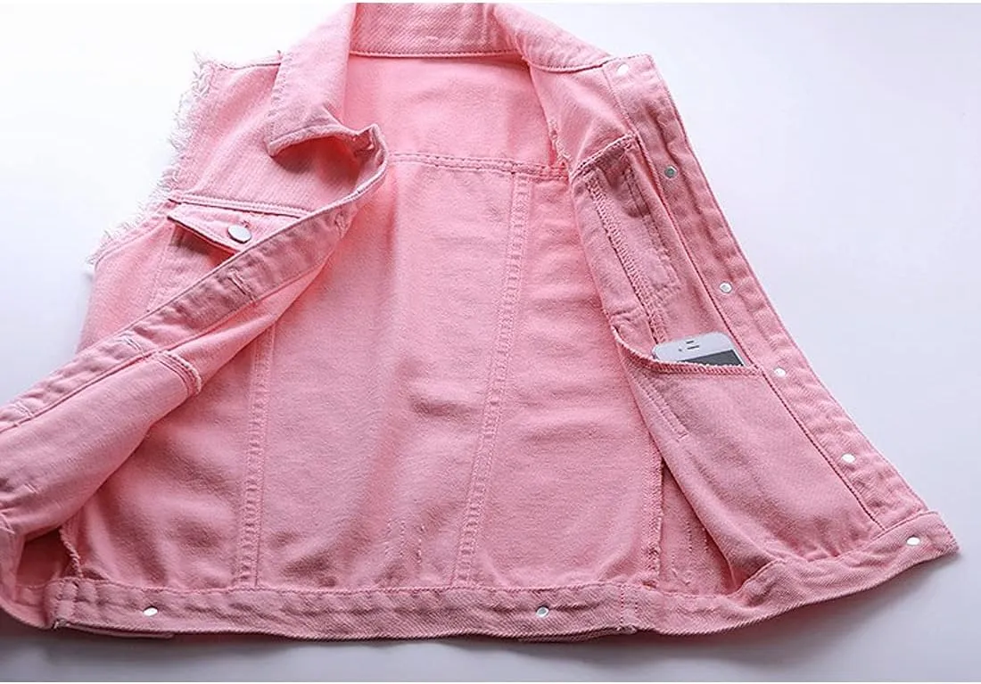 Women's Casual Denim Waistcoat Slim Fit Frayed Sleeveless Jacket Ripped Tops with Pockets