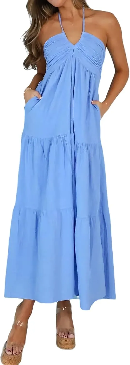 Women's Casual Halter Tiered Vacation Maxi Dress with Pockets